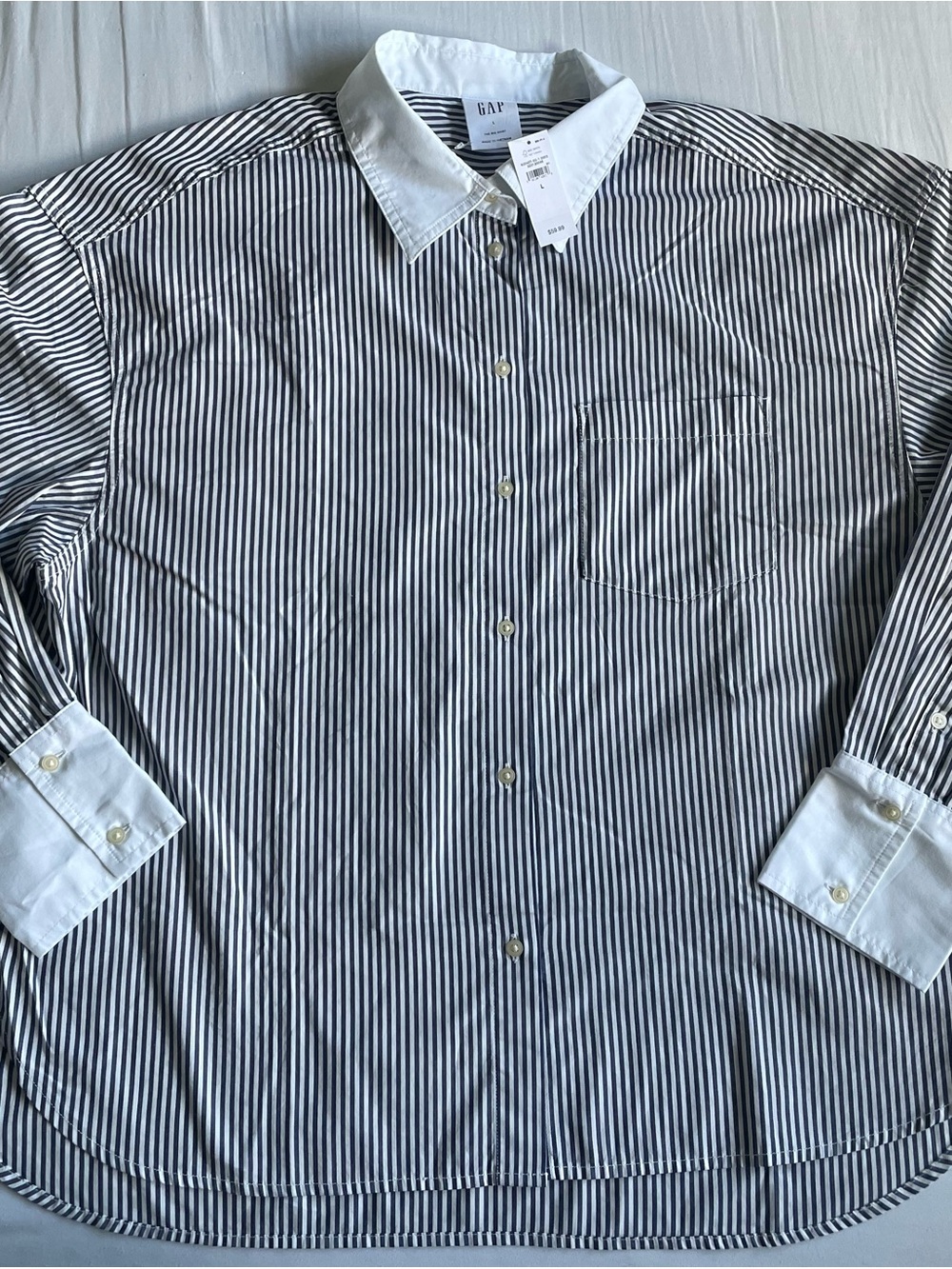 Gap Women’s The Big Shirt, Size L, Navy Stripe with White Collar, NWT